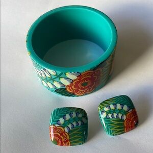Vintage: Floral Teal Bangle and ClipOn Earrings Set